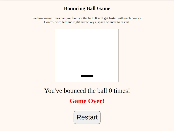 screenshot of a bouncing ball game website